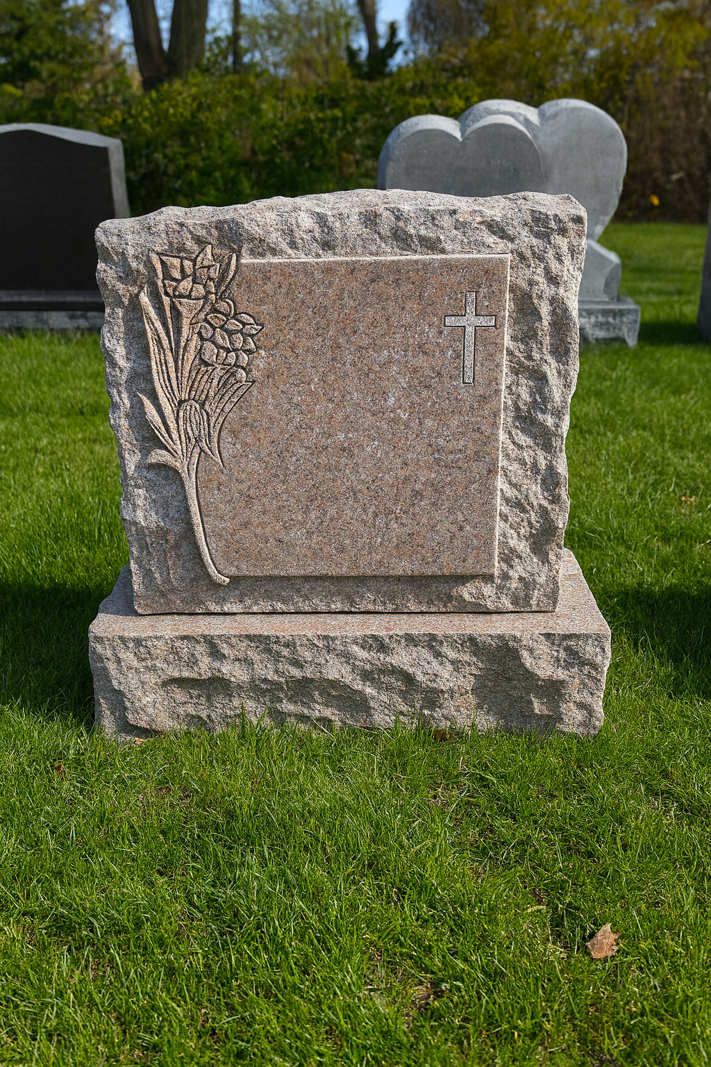 Granite Headstone with Rough Edge and Floral Cross Design