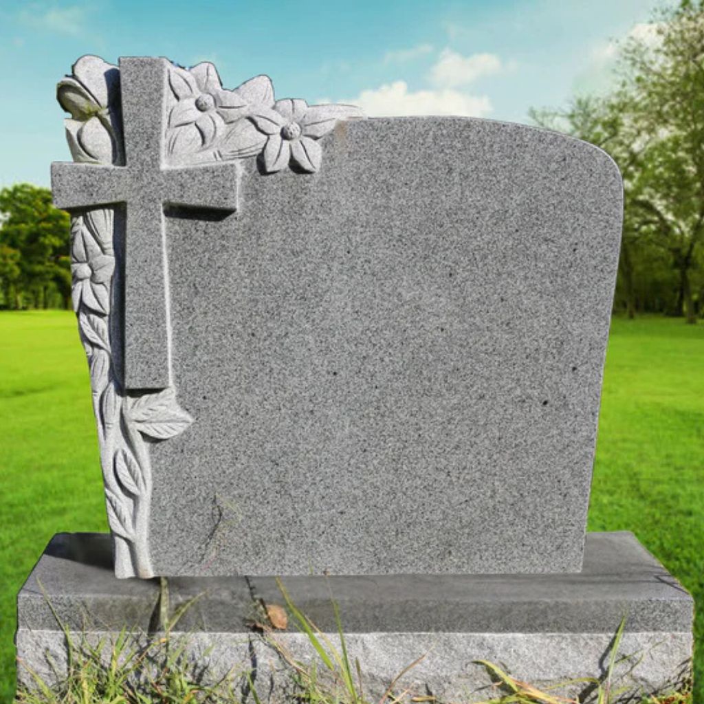 Granite Headstone with Engraved Cross and Floral Border