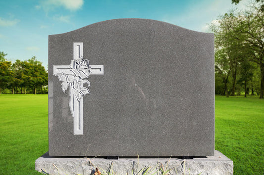 Headstone with Engraved Cross and Rose Design