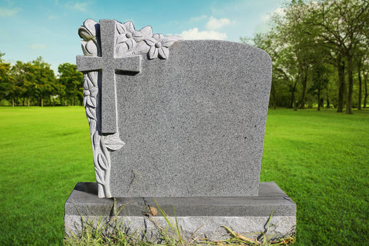 Granite Headstone with Engraved Cross and Floral Border