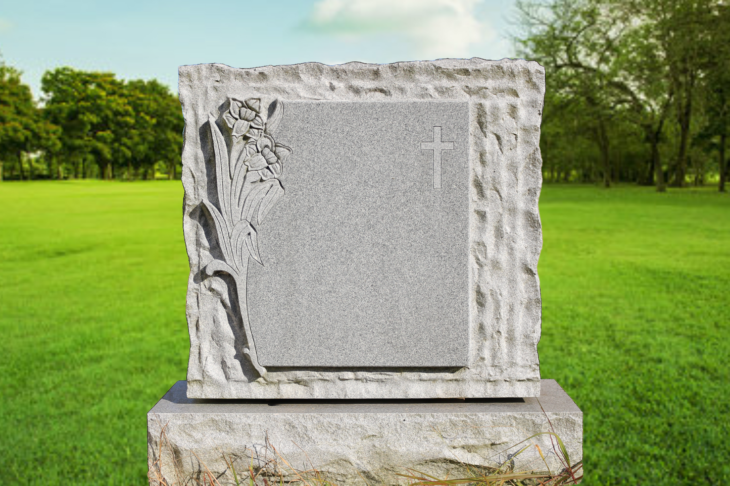 Granite Headstone with Rough Edge and Floral Cross Design