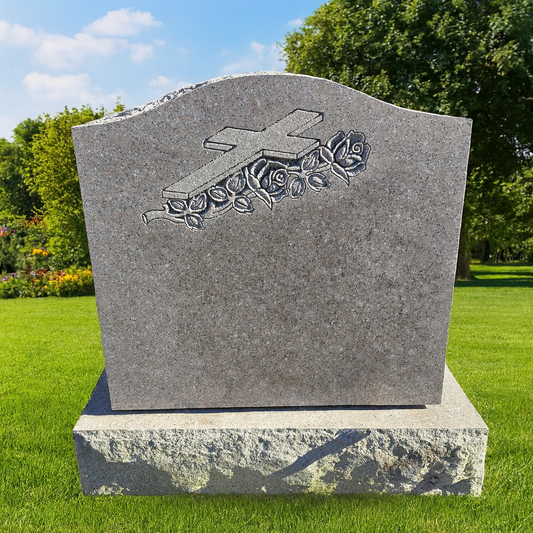 Headstone with Engraved Cross and Rose Design
