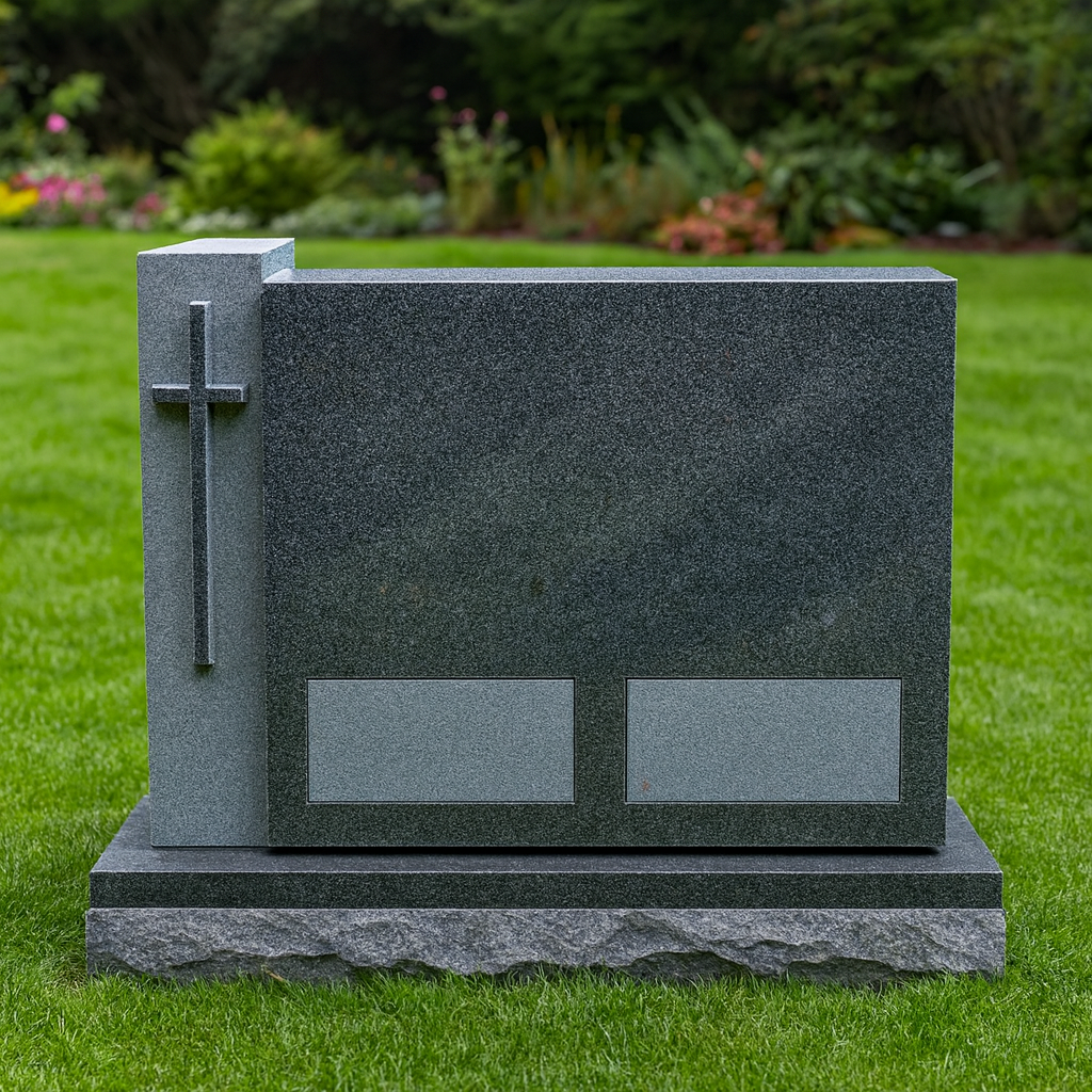 Granite Headstone with Cross, Rose Motif, and Triple Panel Design
