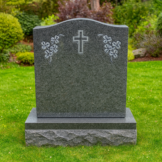 Granite Headstone with Rough Edge and Floral Cross Design