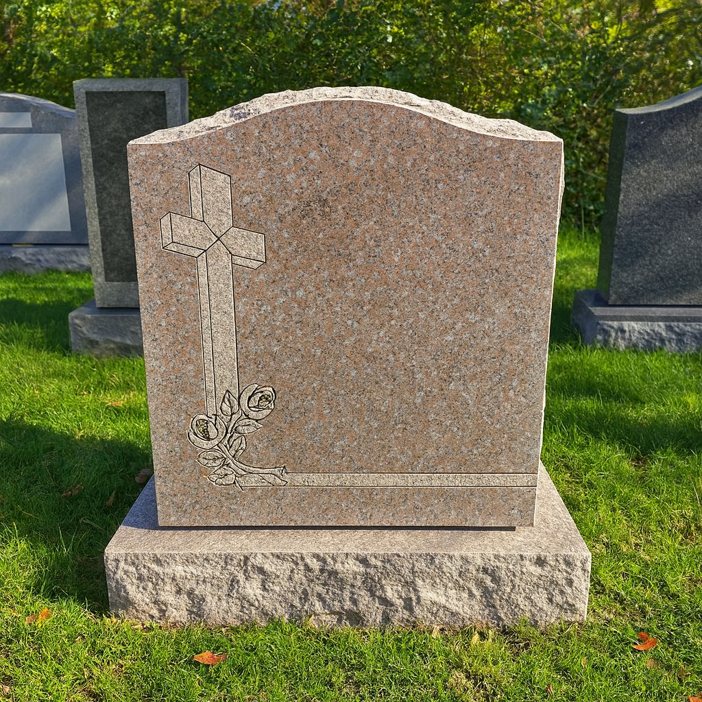 Granite Headstone with Cross, Rosary, and Floral Base Design