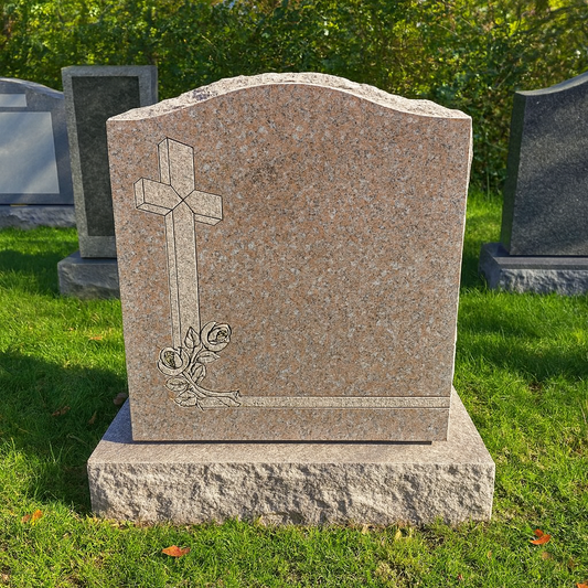 Granite Headstone with Cross, Rosary, and Floral Base Design