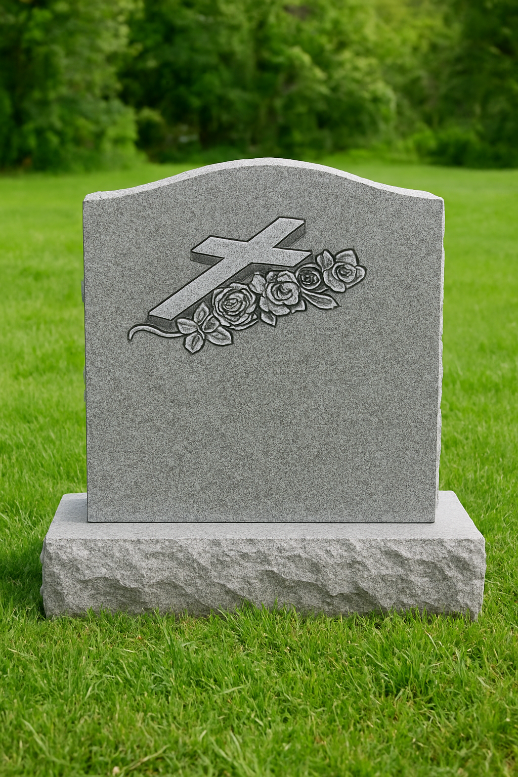 Headstone with Engraved Cross and Rose Design