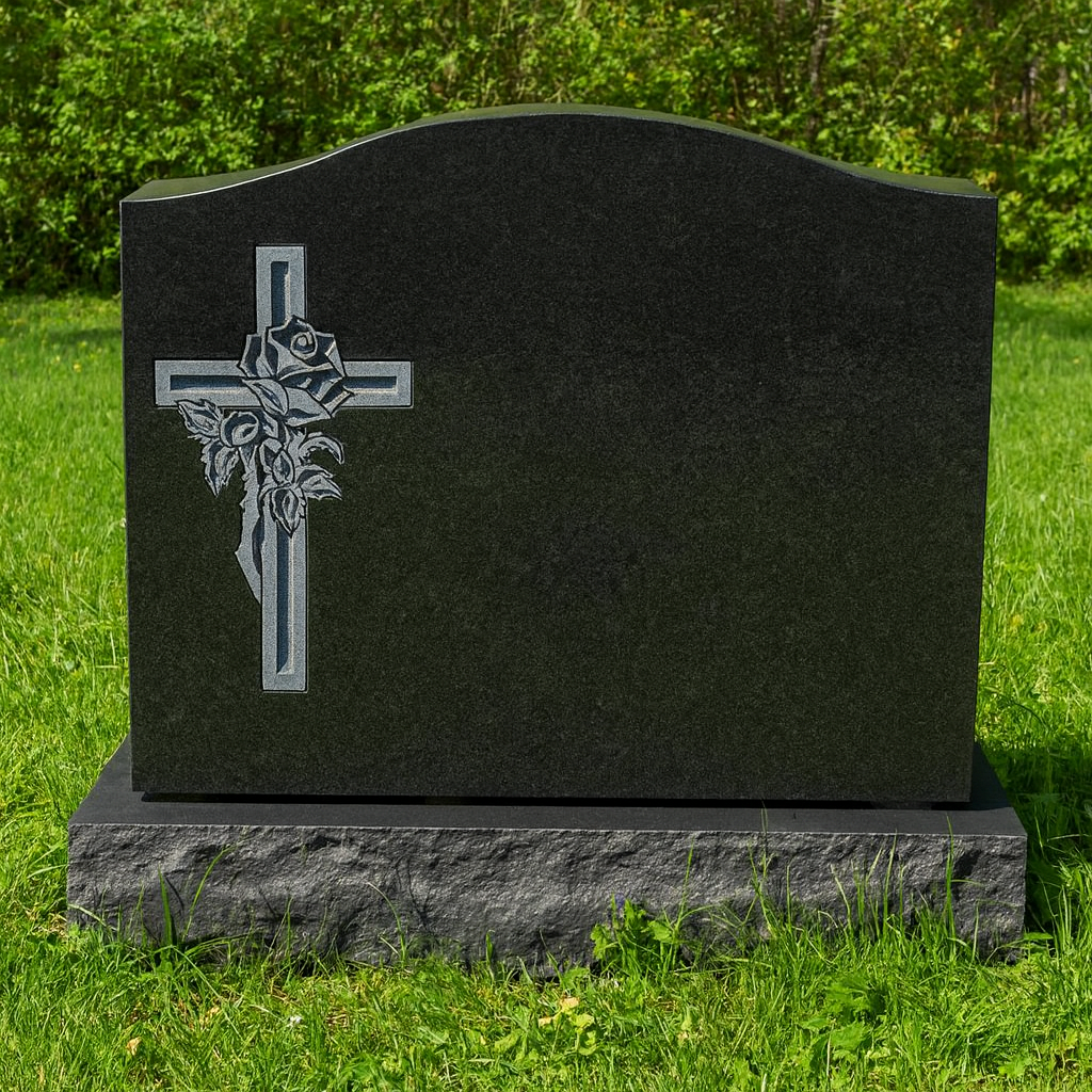Headstone with Engraved Cross and Rose Design