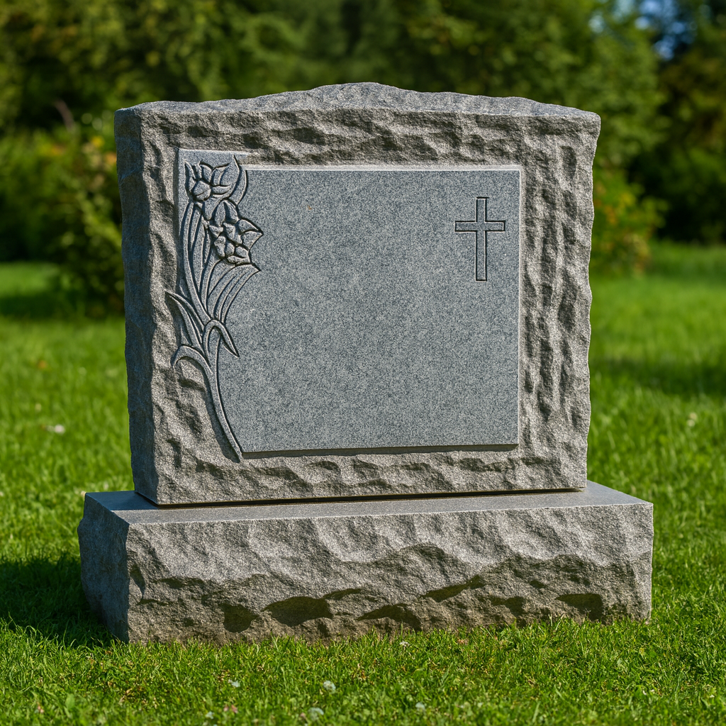 Granite Headstone with Rough Edge and Floral Cross Design