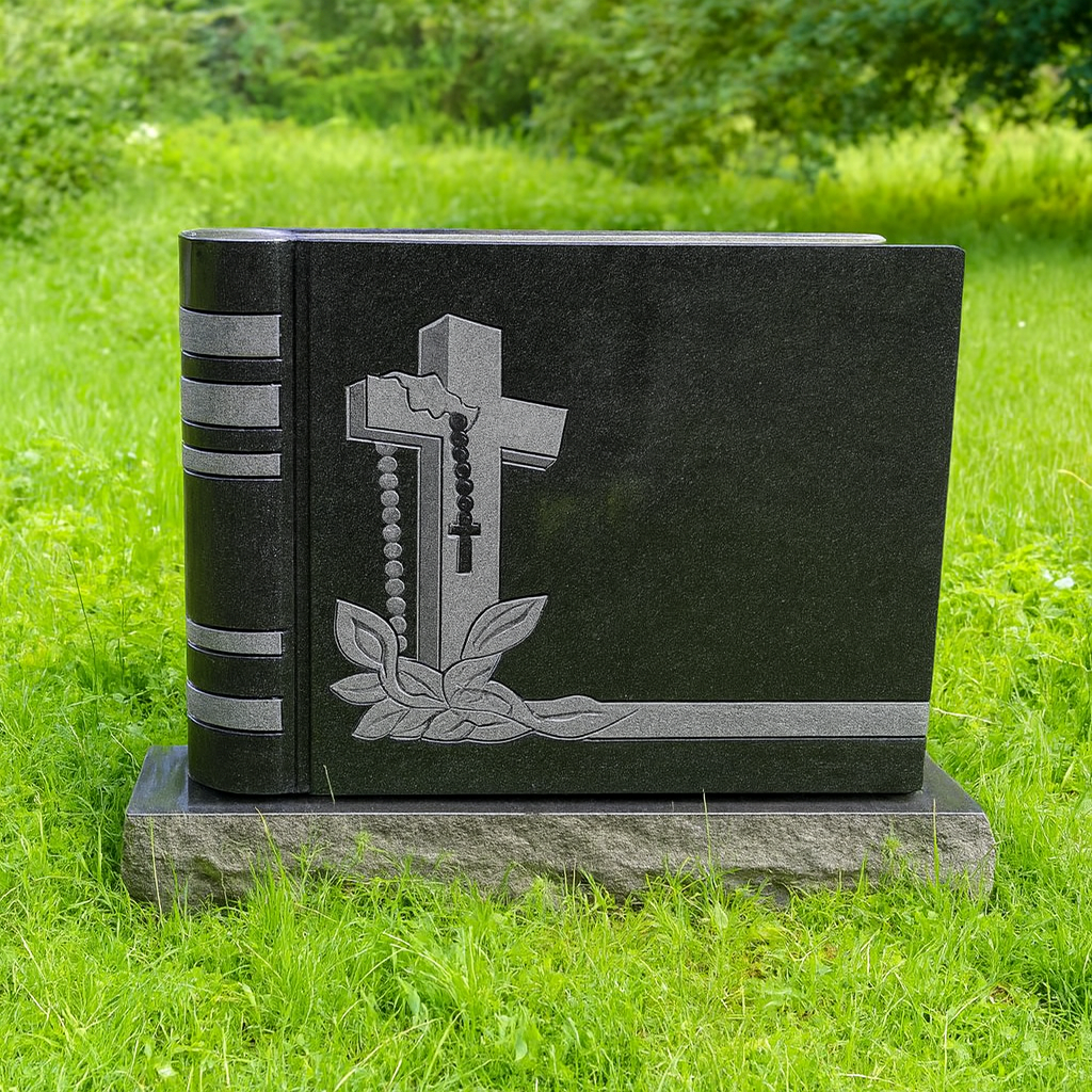 Granite Headstone with Cross, Rosary, and Floral Base Design